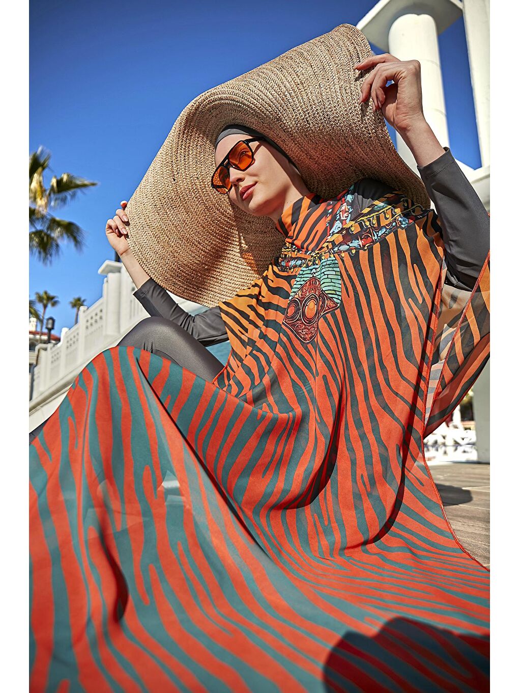 Turuncu Tesettür Mayo Üzerine Tasarım Tek Kaftan Pareo 430-305 Kenya-3