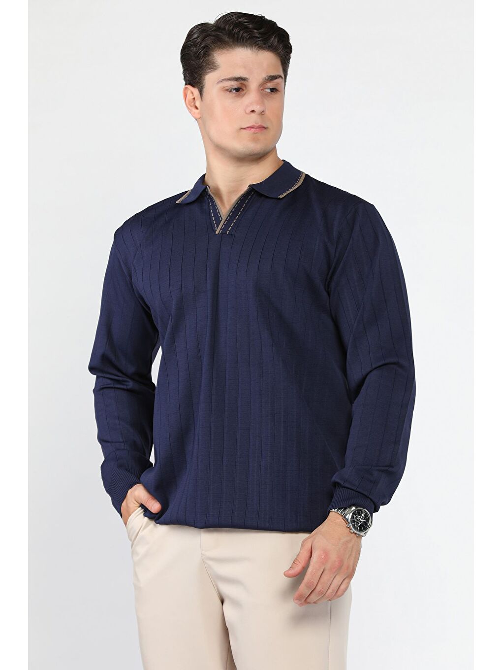 Lacivert Erkek Polo Yaka Kendinden Çizgi Desenli Triko Kazak