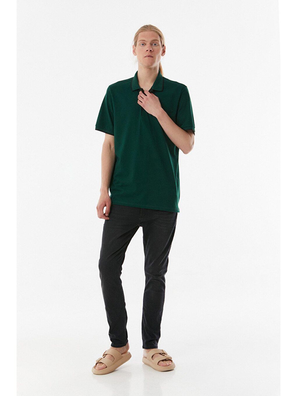 Yeşil Yakası Çizgili Polo Yaka  Tişört-1