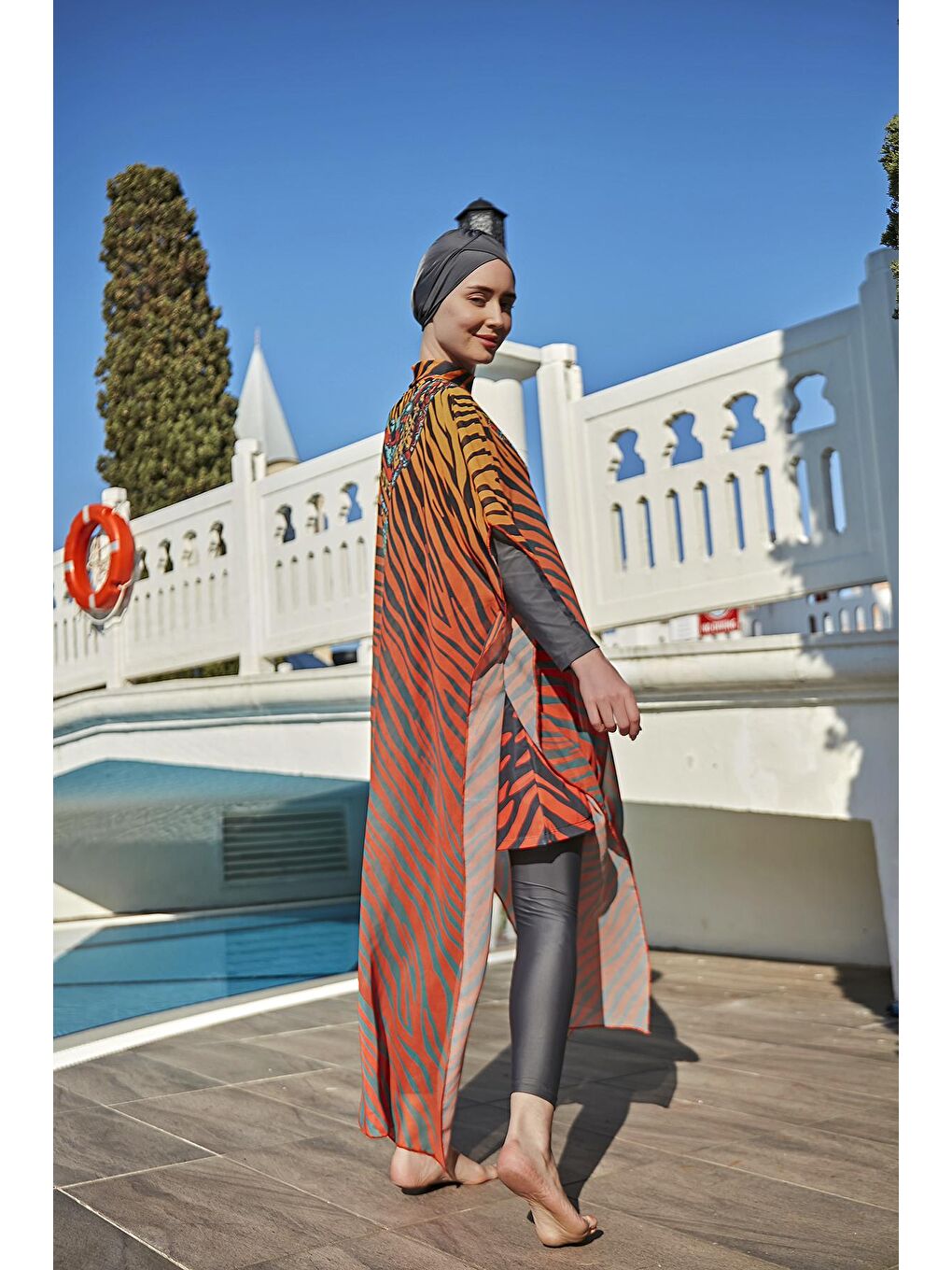 Turuncu Tesettür Mayo Üzerine Tasarım Tek Kaftan Pareo 430-305 Kenya-4