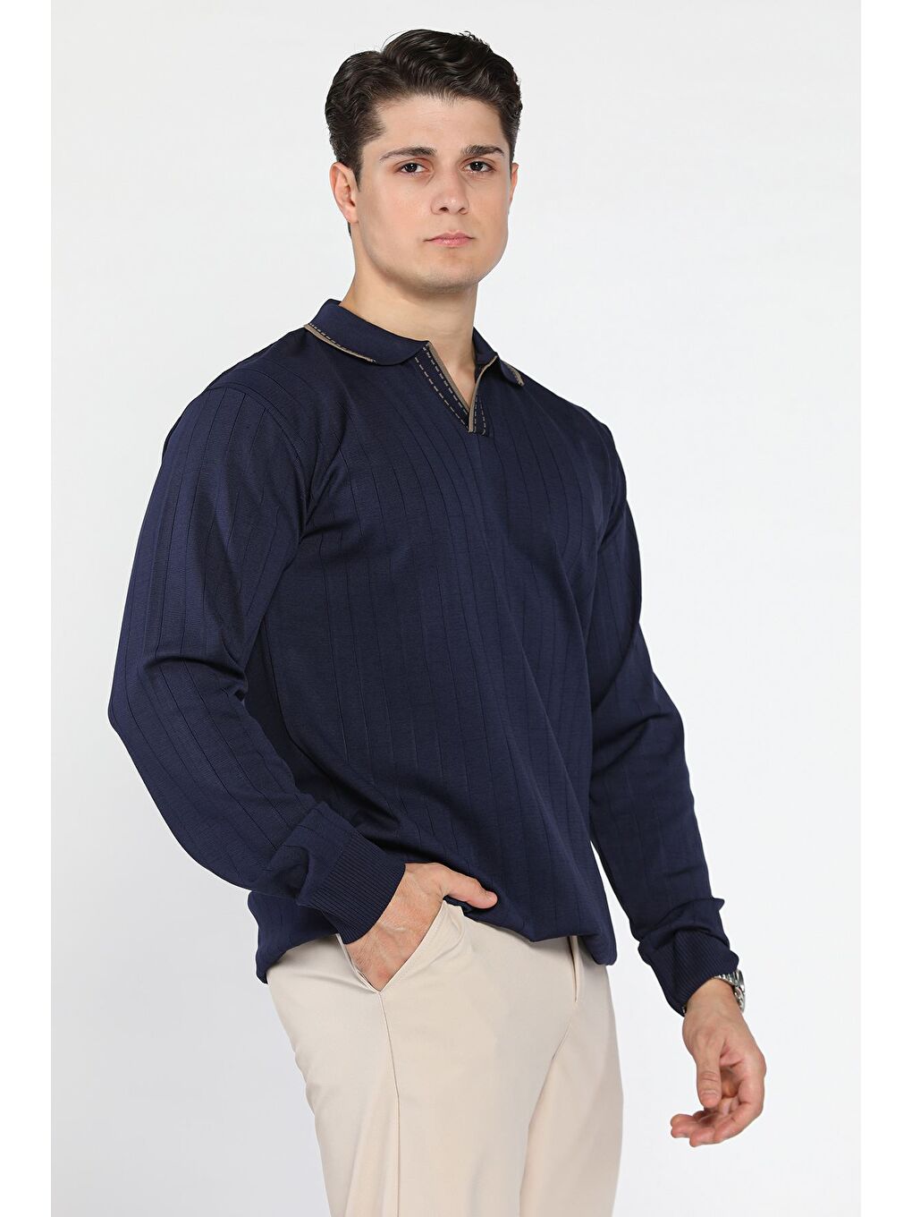 Lacivert Erkek Polo Yaka Kendinden Çizgi Desenli Triko Kazak-1