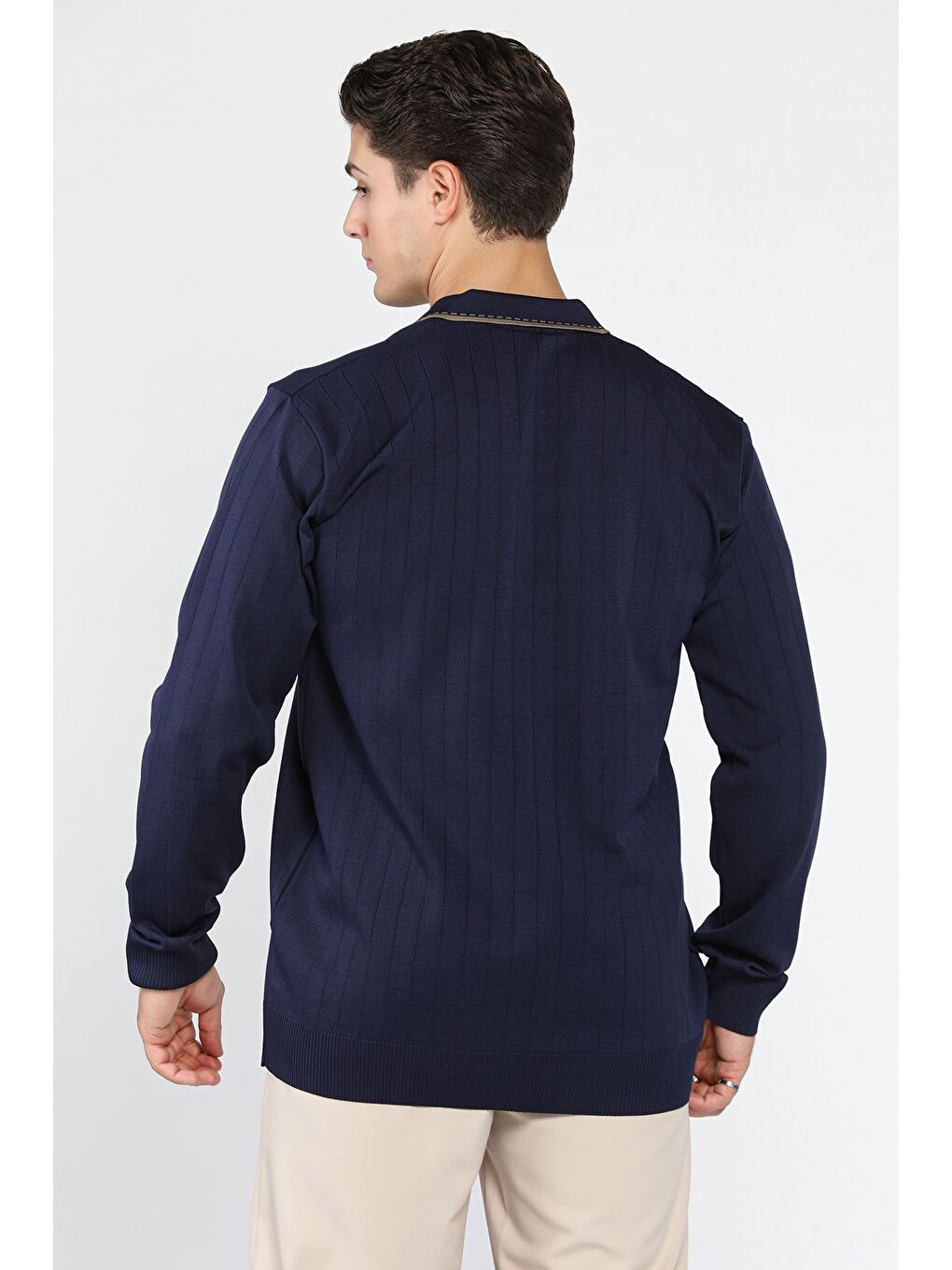 Lacivert Erkek Polo Yaka Kendinden Çizgi Desenli Triko Kazak-2