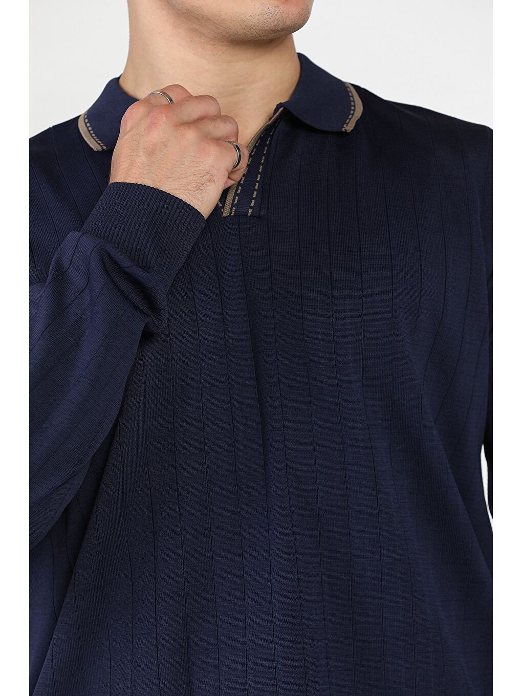 Lacivert Erkek Polo Yaka Kendinden Çizgi Desenli Triko Kazak-3