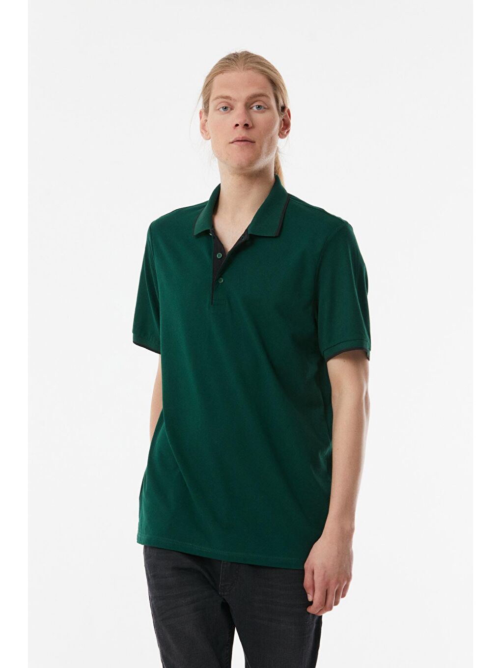 Yeşil Yakası Çizgili Polo Yaka  Tişört-2