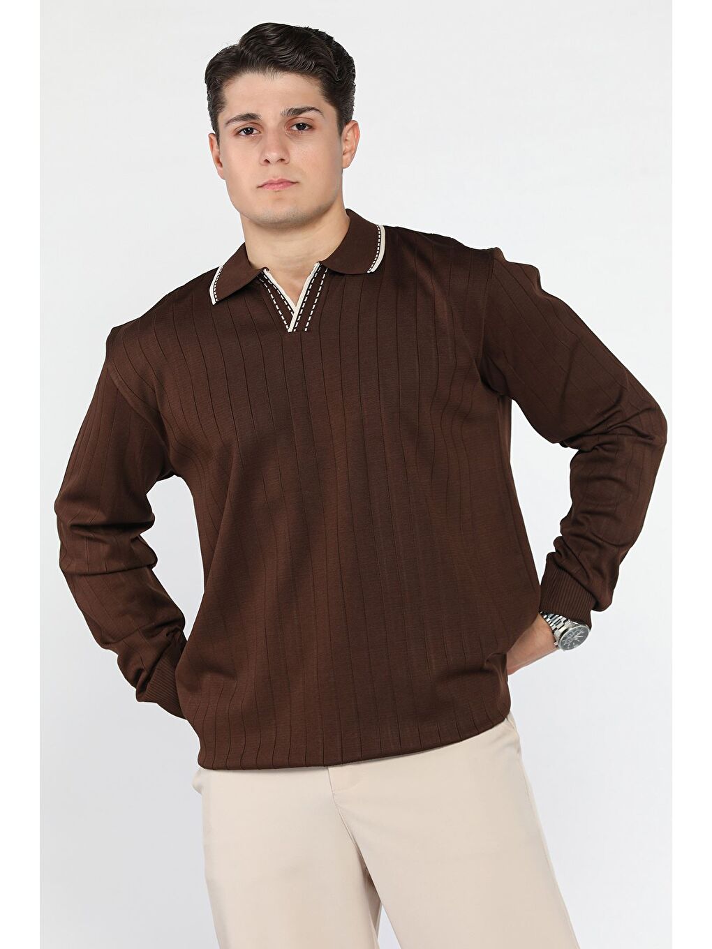 Kahverengi Erkek Polo Yaka Kendinden Çizgi Desenli Triko Kazak