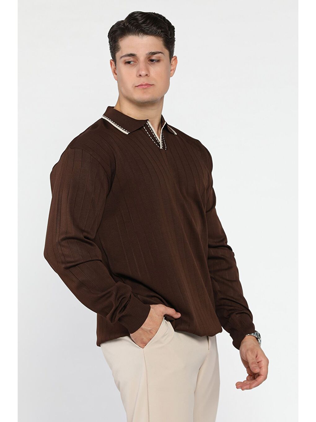 Kahverengi Erkek Polo Yaka Kendinden Çizgi Desenli Triko Kazak-1