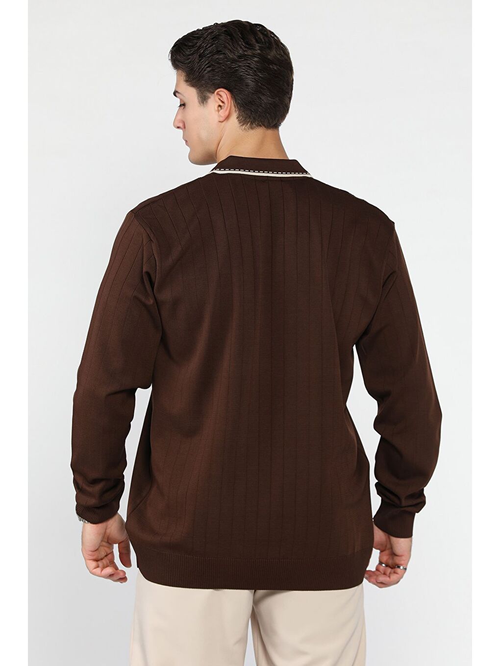 Kahverengi Erkek Polo Yaka Kendinden Çizgi Desenli Triko Kazak-2