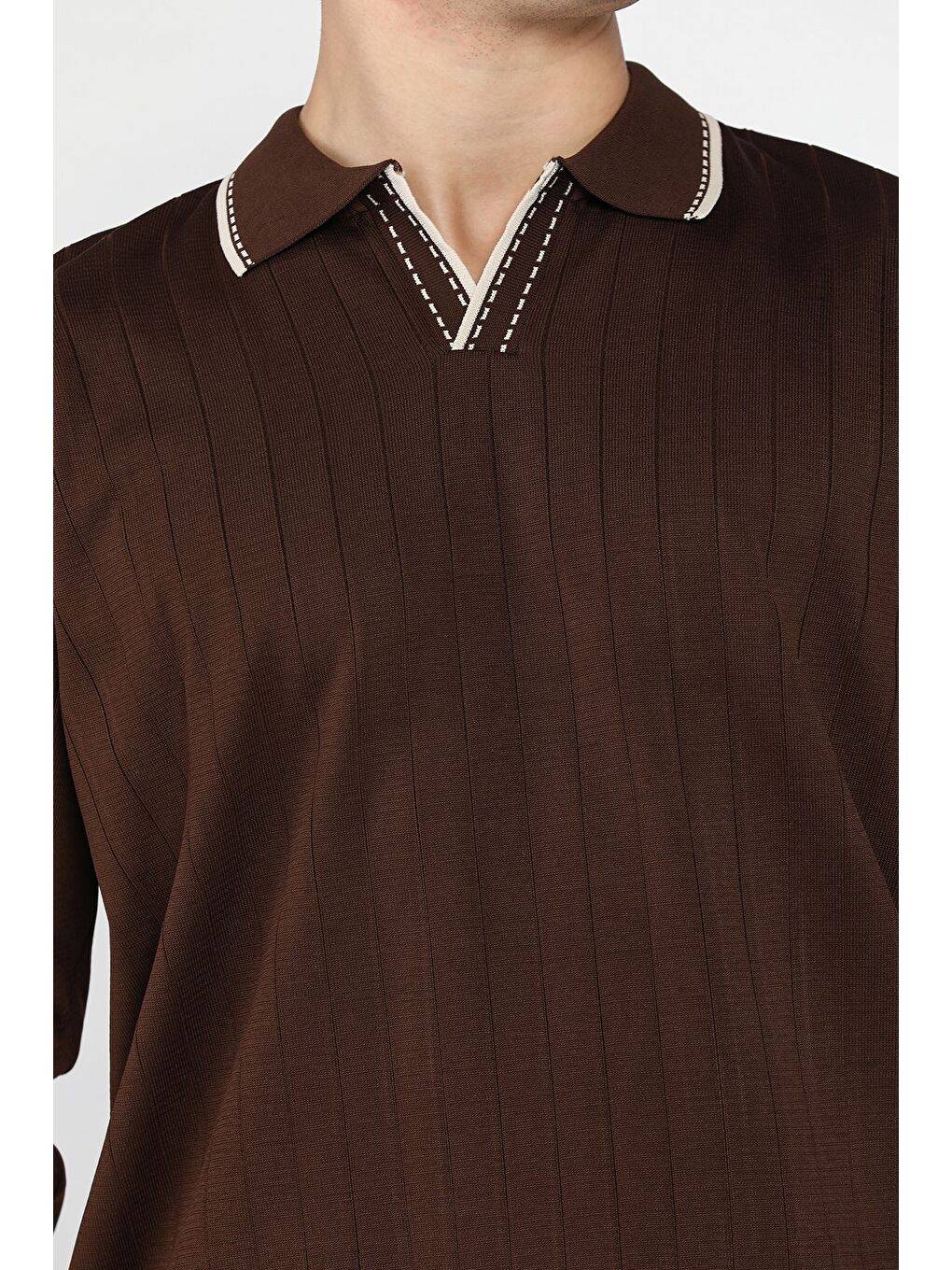 Kahverengi Erkek Polo Yaka Kendinden Çizgi Desenli Triko Kazak-3