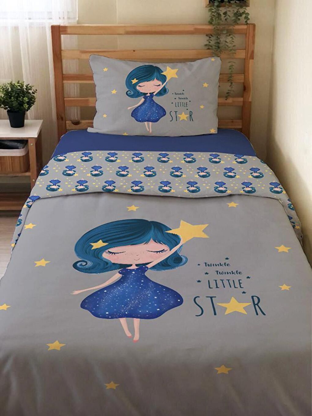 Prenses Kız Desenli Çarşafsız 2'li Takım Baskılı Tek Kişilik Nevresim Takımı Gri 160x220 cm