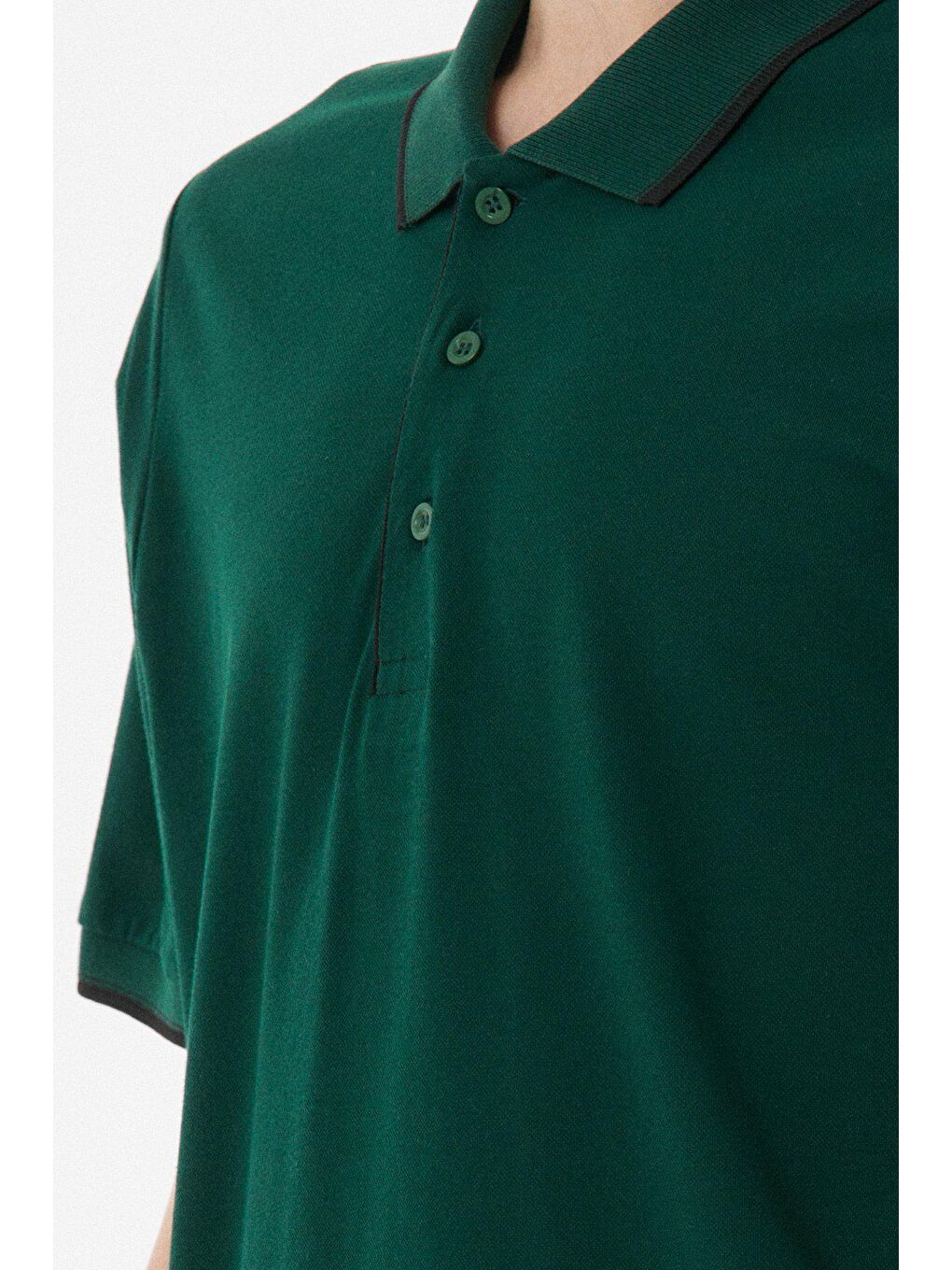 Yeşil Yakası Çizgili Polo Yaka  Tişört-3