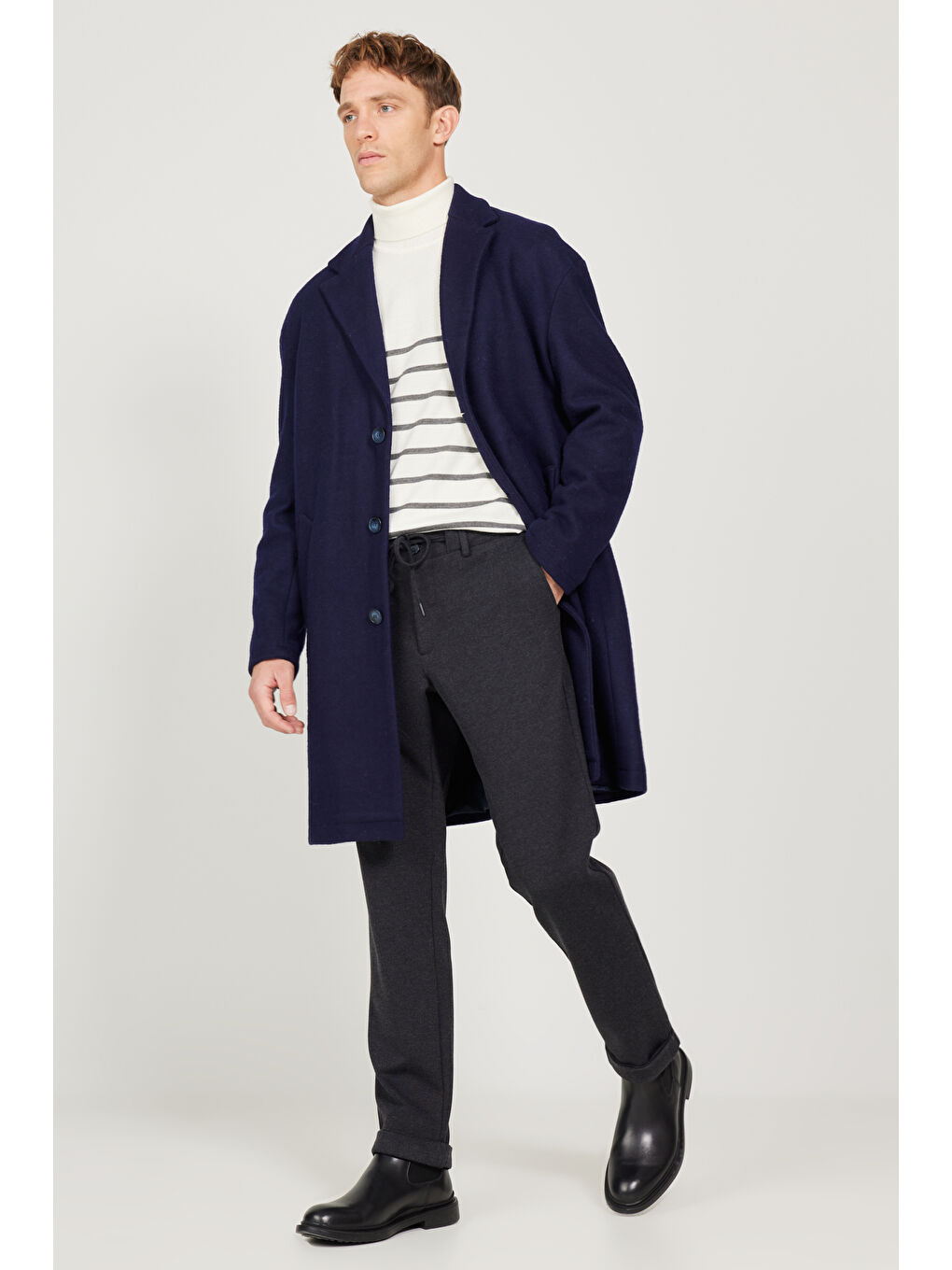 Erkek Lacivert Oversize Bol Kesim Mono Yaka Yünlü Kaşe Palto-3