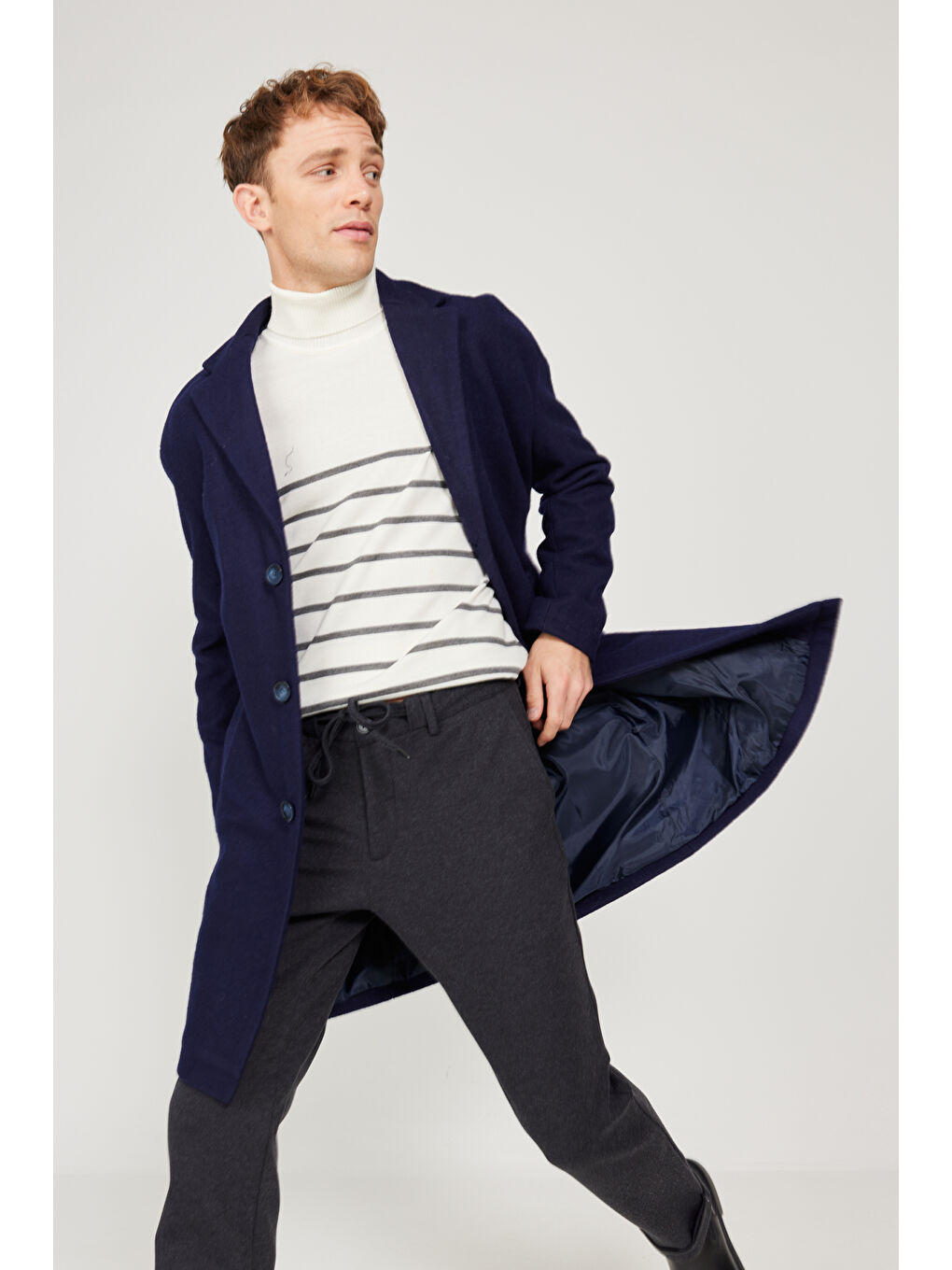 Erkek Lacivert Oversize Bol Kesim Mono Yaka Yünlü Kaşe Palto-4