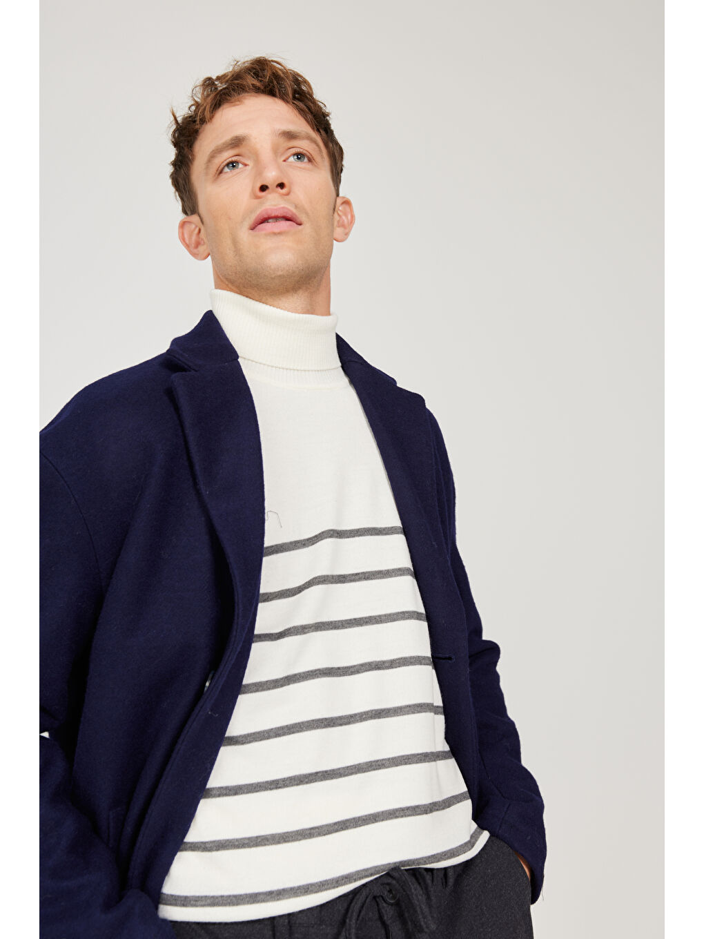 Erkek Lacivert Oversize Bol Kesim Mono Yaka Yünlü Kaşe Palto-5