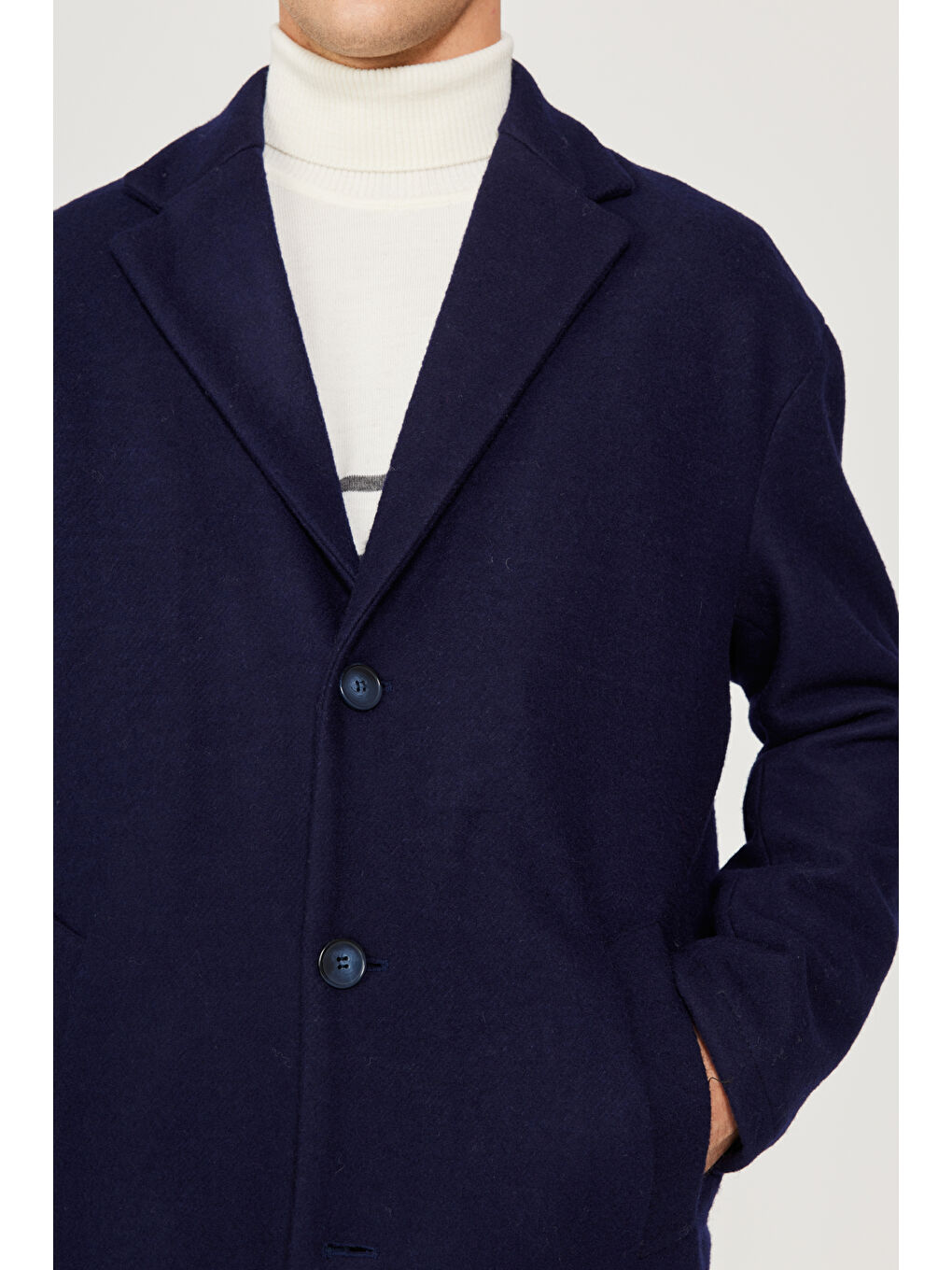 Erkek Lacivert Oversize Bol Kesim Mono Yaka Yünlü Kaşe Palto-6