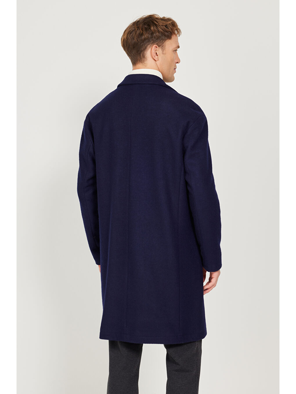 Erkek Lacivert Oversize Bol Kesim Mono Yaka Yünlü Kaşe Palto-7
