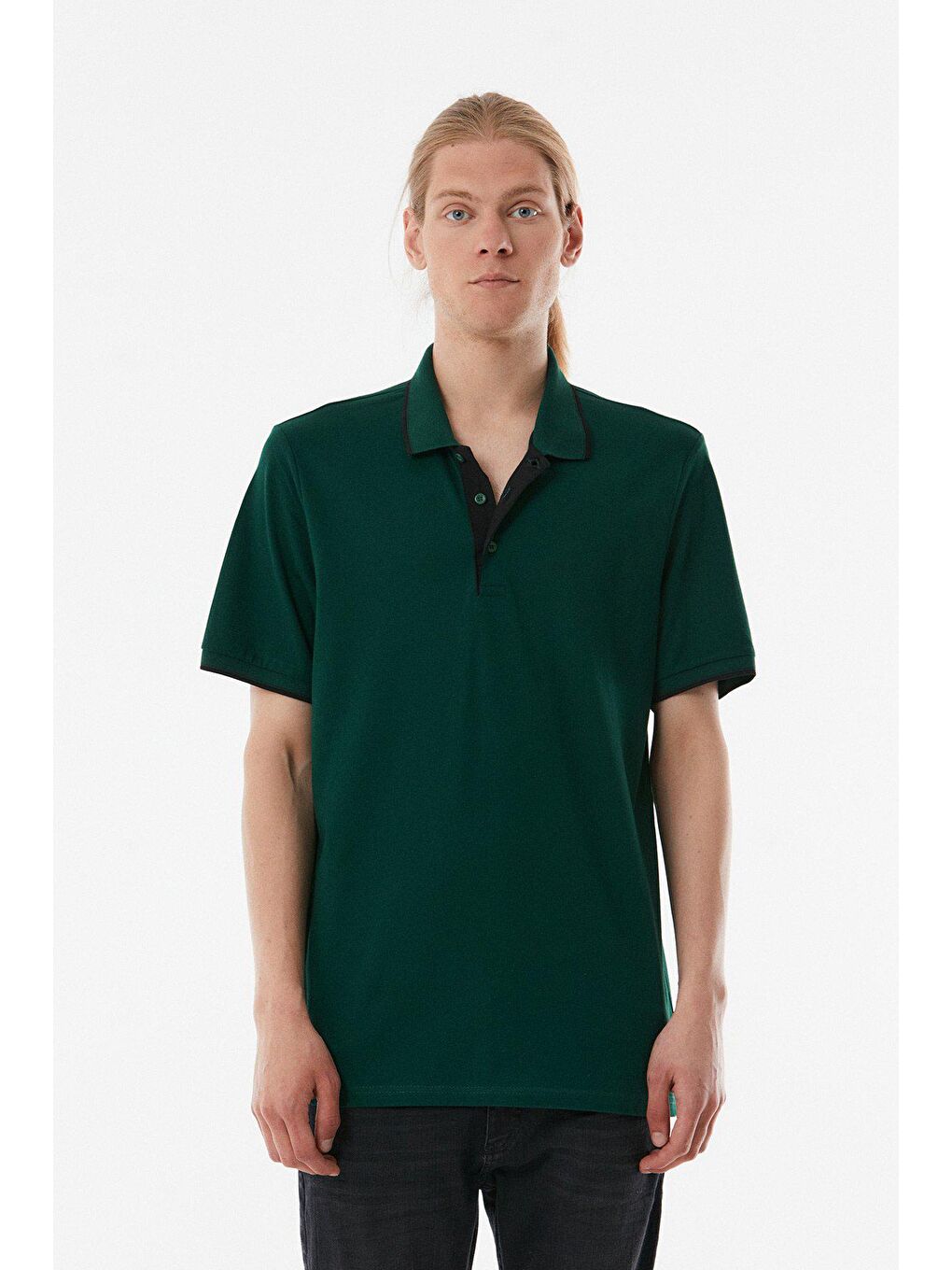 Yeşil Yakası Çizgili Polo Yaka  Tişört-4