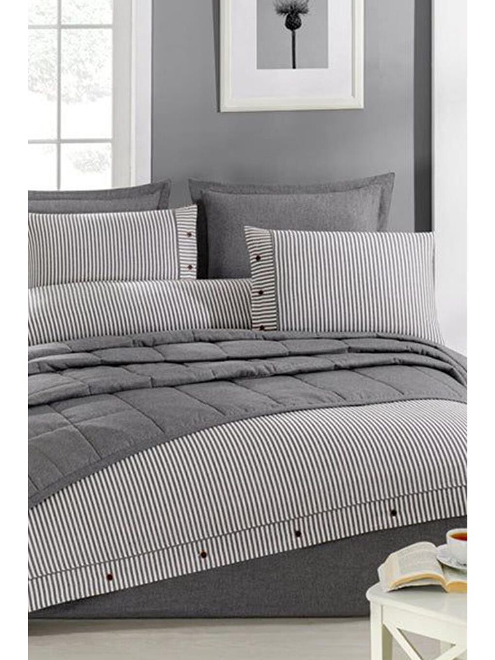 Pasioni 7 Parça %100 Pamuk Çift Kişilik Yatak Örtülü Nevresim Takımı Gri