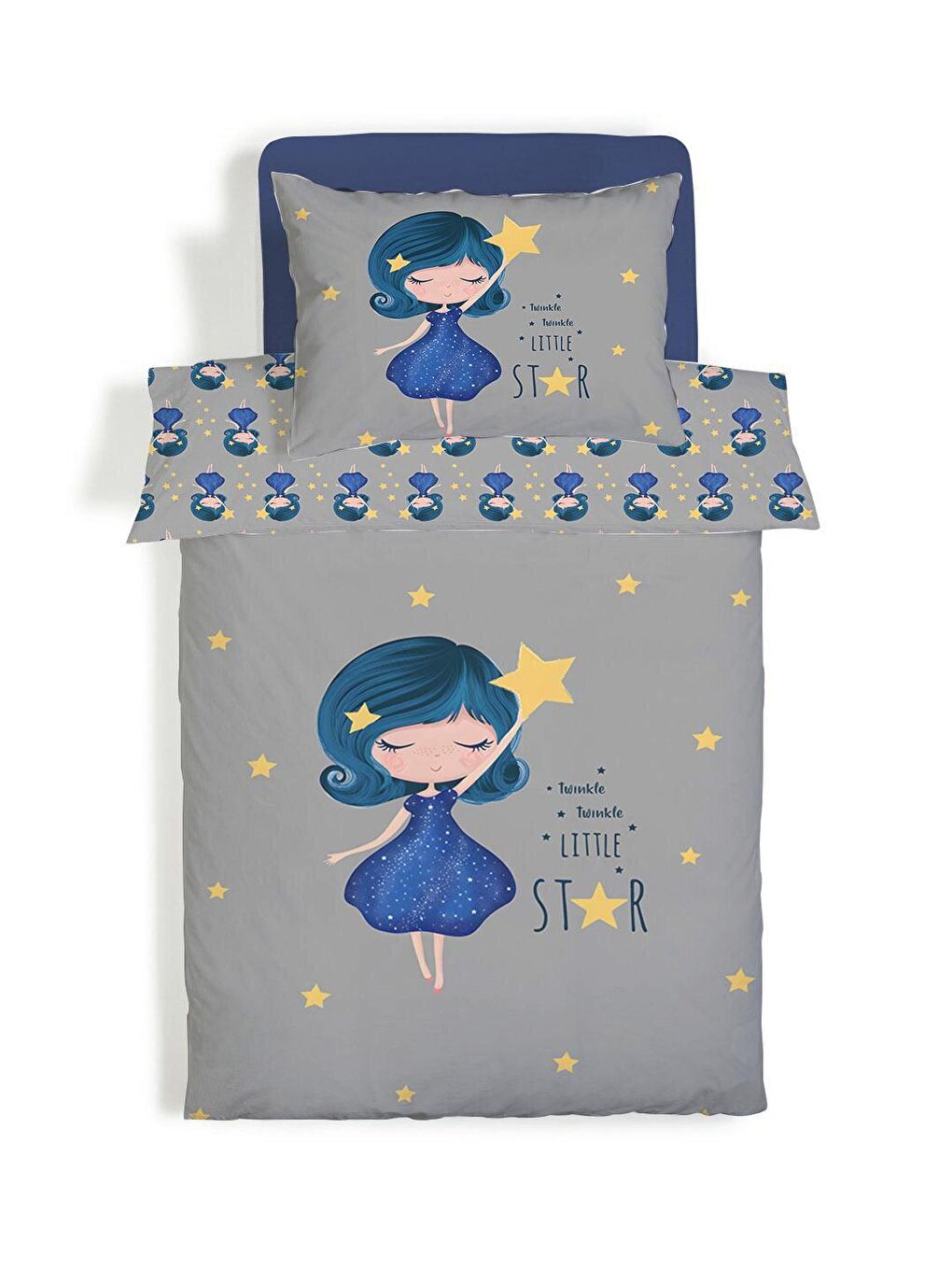 Prenses Kız Desenli Çarşafsız 2'li Takım Baskılı Tek Kişilik Nevresim Takımı Gri 160x220 cm-1