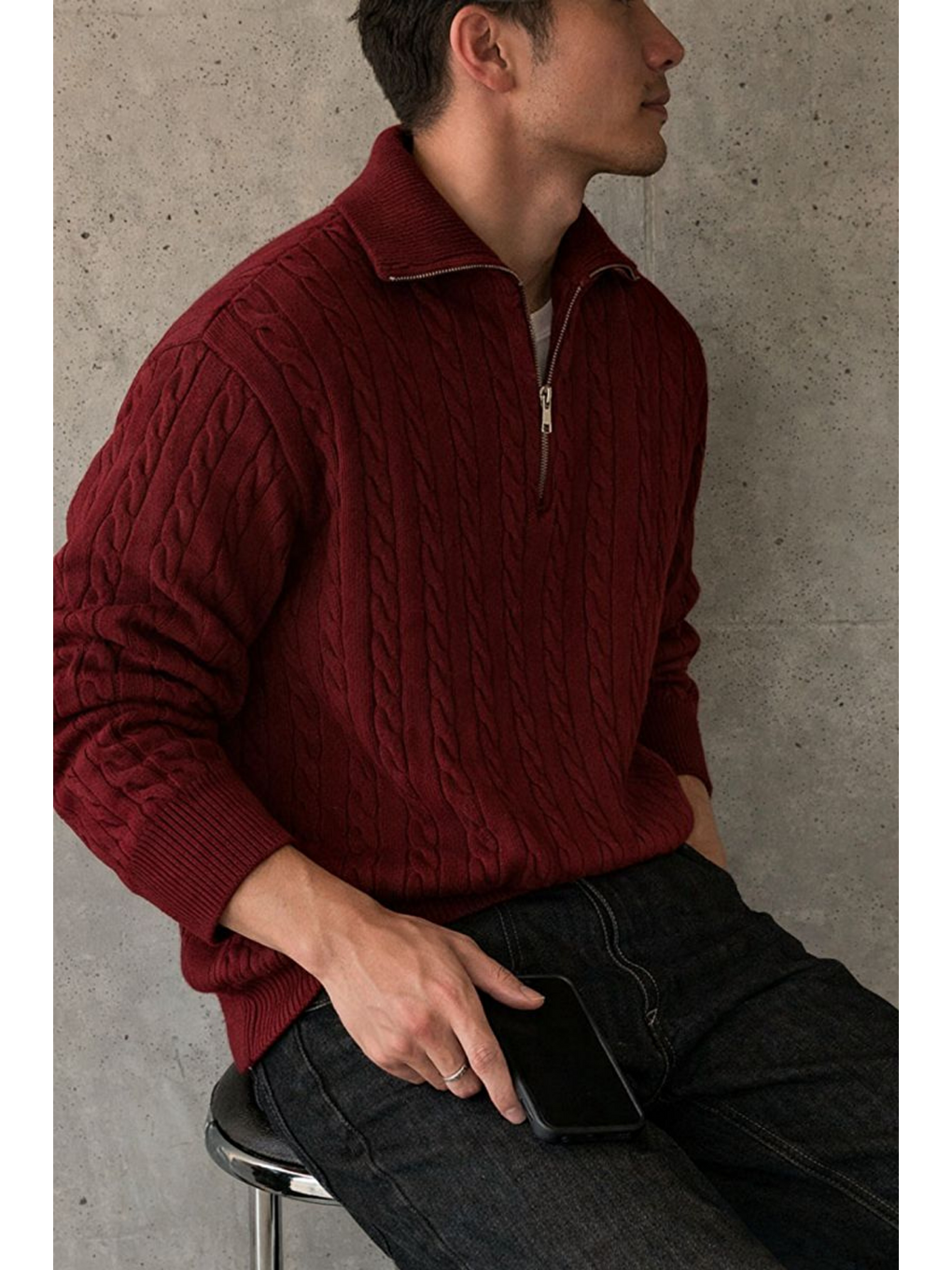 Erkek Bordo Yarım Fermuarlı Saç Örgü Triko Kazak-1