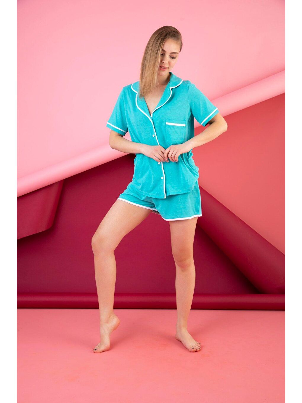 Elitol Turkuaz Düğmeli Şortlu Pijama Takım - 1