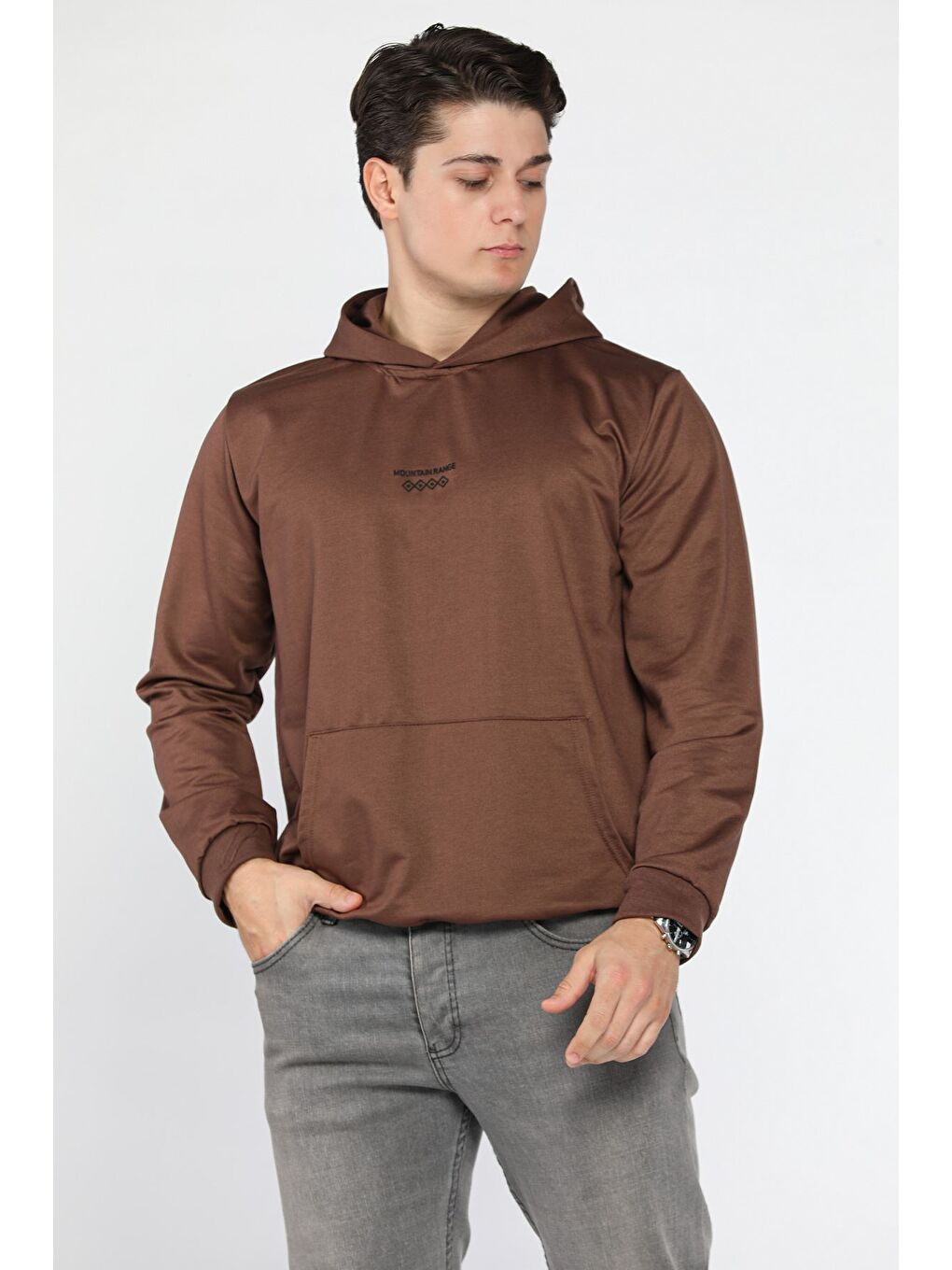 Kahverengi Kanguru Cepli Kapüşonlu Erkek Sweatshirt