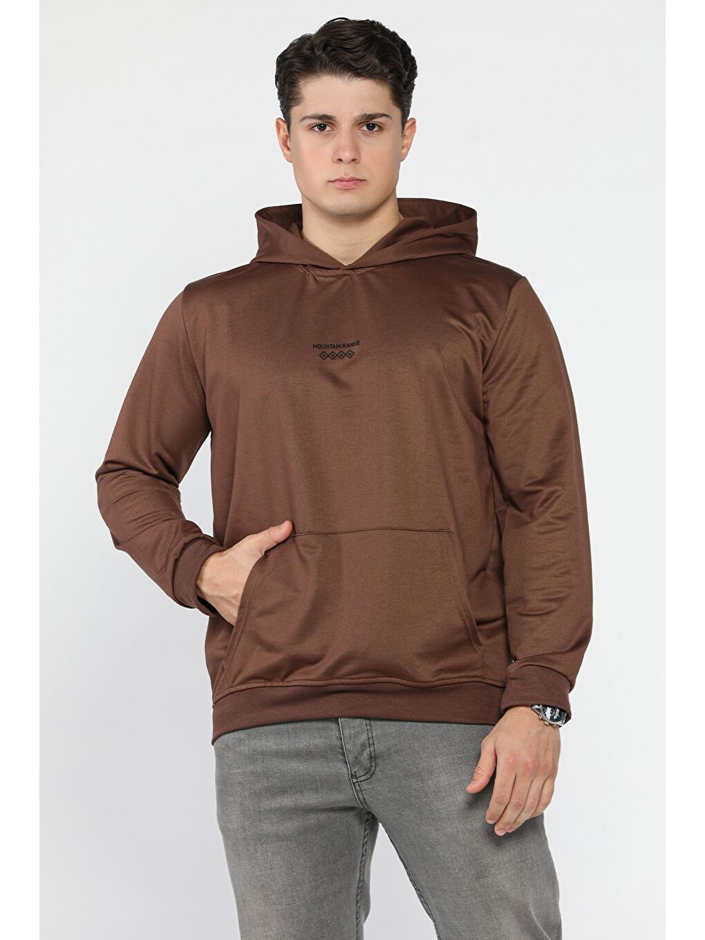 Kahverengi Kanguru Cepli Kapüşonlu Erkek Sweatshirt-1