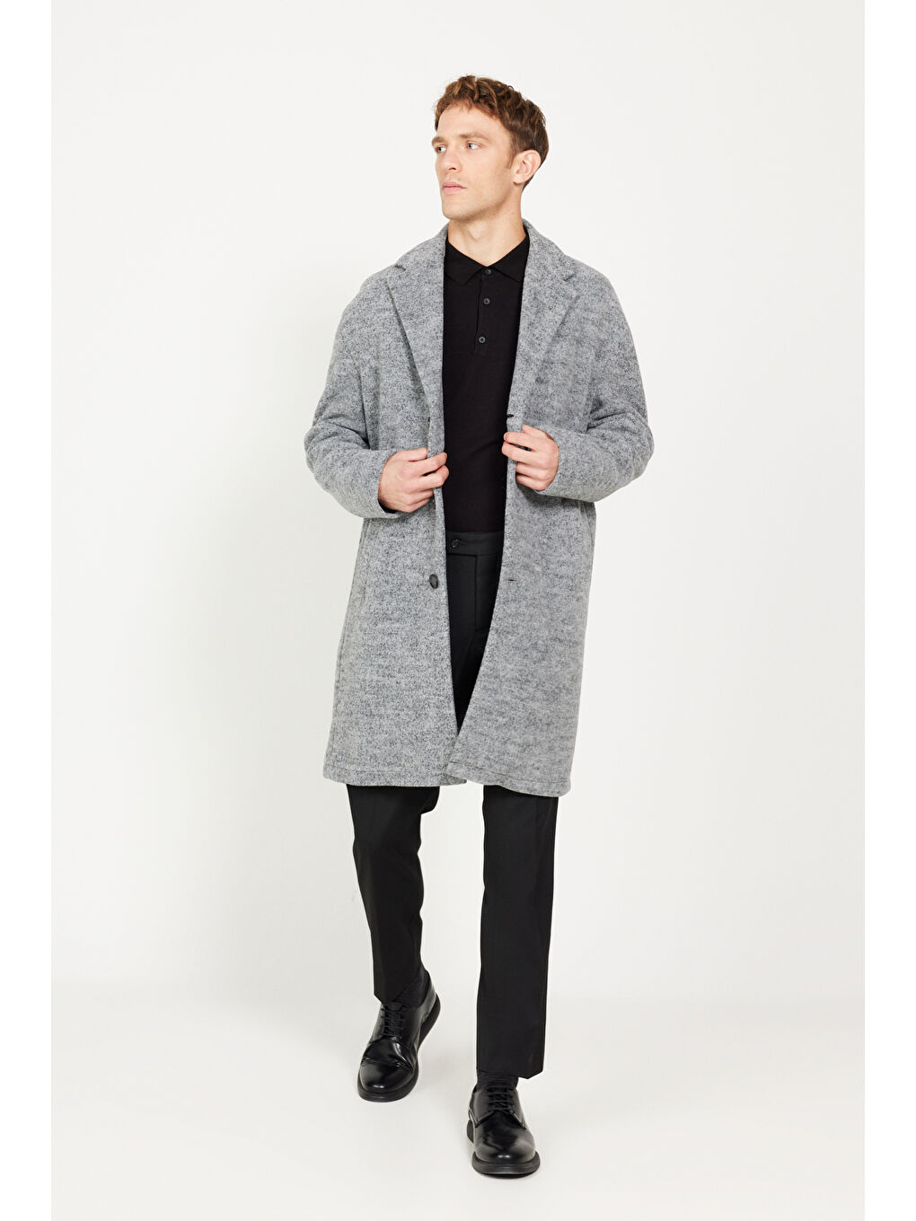 Erkek Gri Oversize Bol Kesim Mono Yaka Yünlü Kaşe Palto