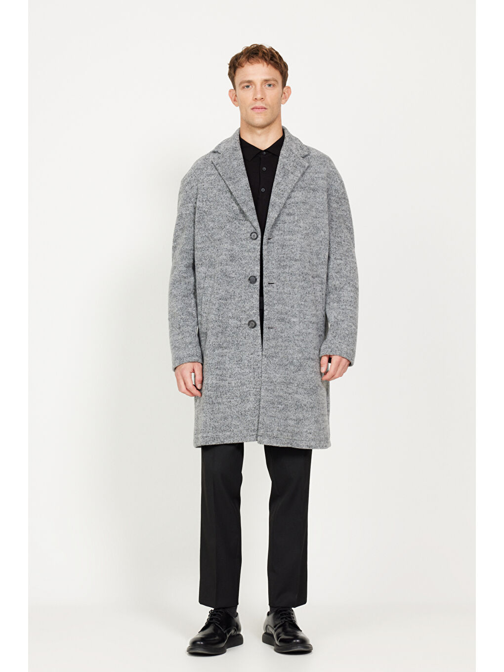 Erkek Gri Oversize Bol Kesim Mono Yaka Yünlü Kaşe Palto-1