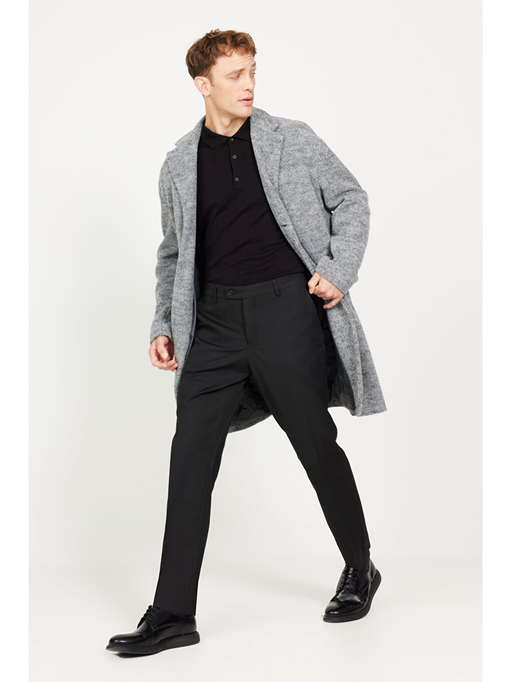 Erkek Gri Oversize Bol Kesim Mono Yaka Yünlü Kaşe Palto-2