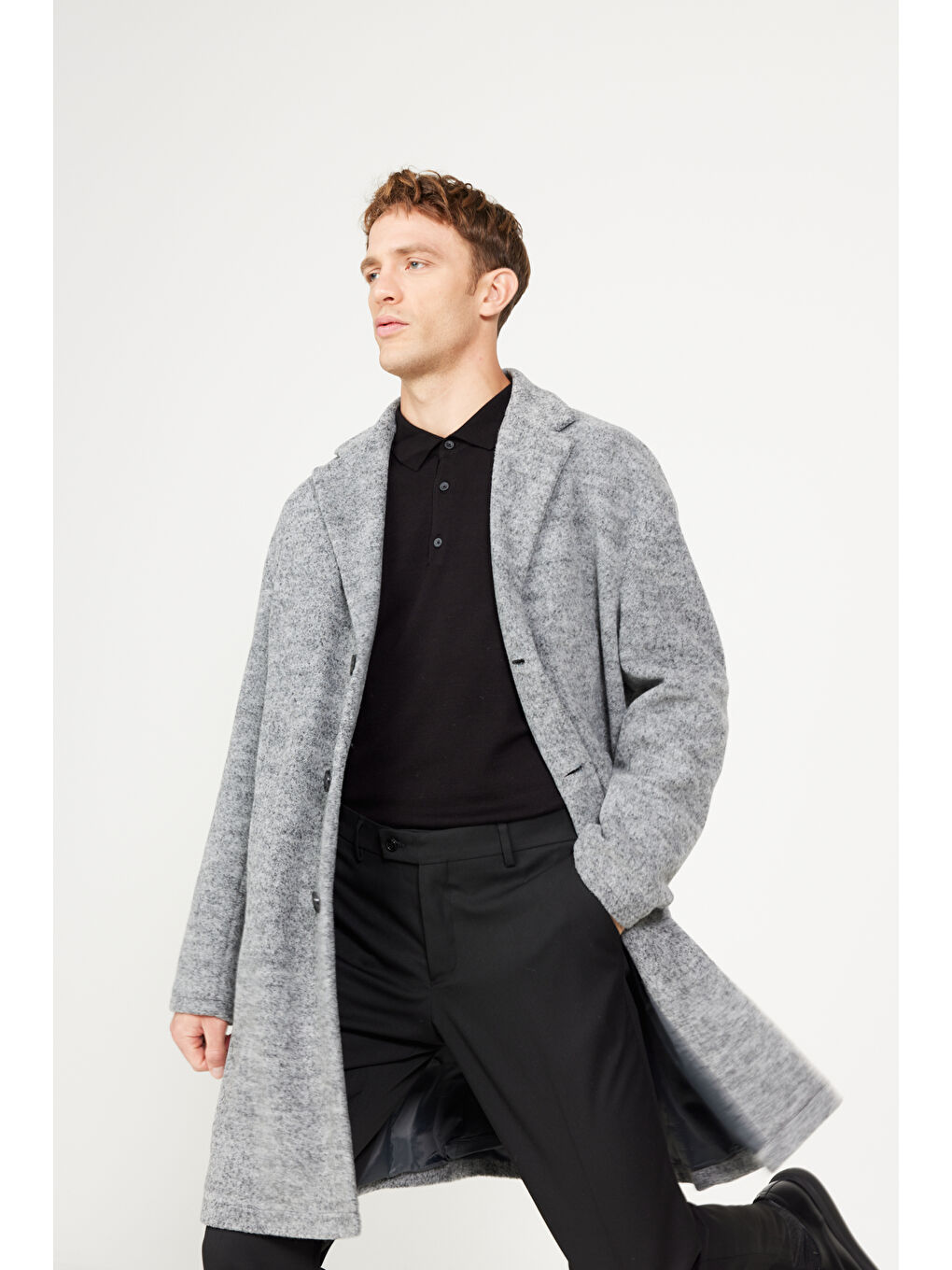 Erkek Gri Oversize Bol Kesim Mono Yaka Yünlü Kaşe Palto-3
