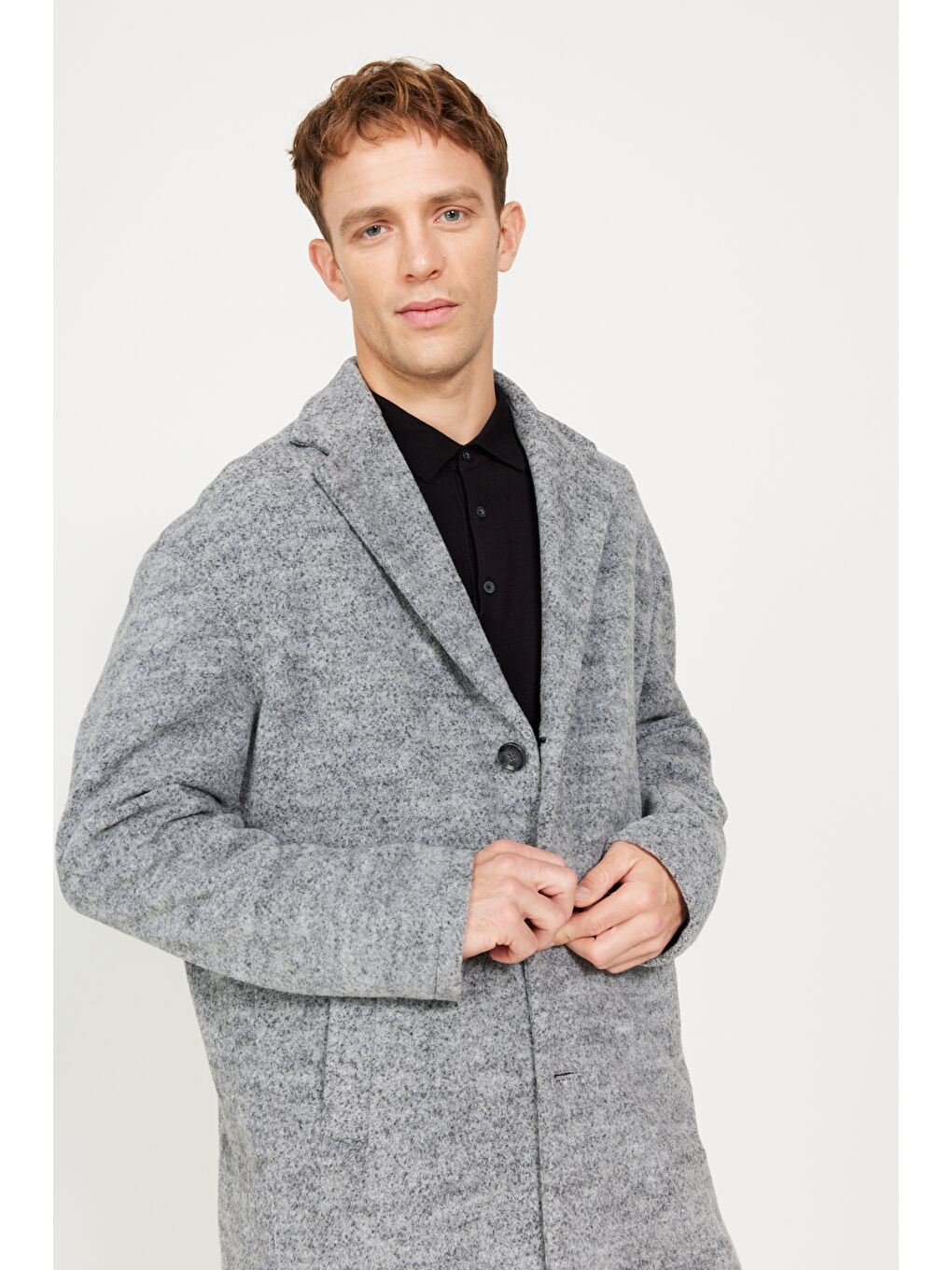 Erkek Gri Oversize Bol Kesim Mono Yaka Yünlü Kaşe Palto-4