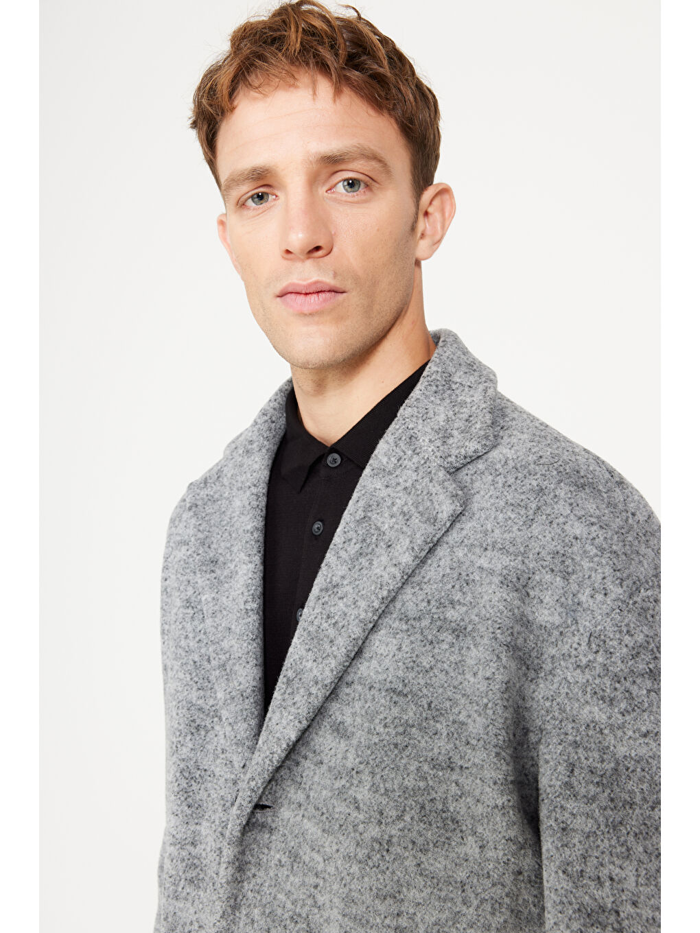Erkek Gri Oversize Bol Kesim Mono Yaka Yünlü Kaşe Palto-5