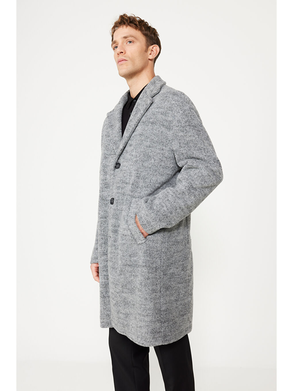 Erkek Gri Oversize Bol Kesim Mono Yaka Yünlü Kaşe Palto-6