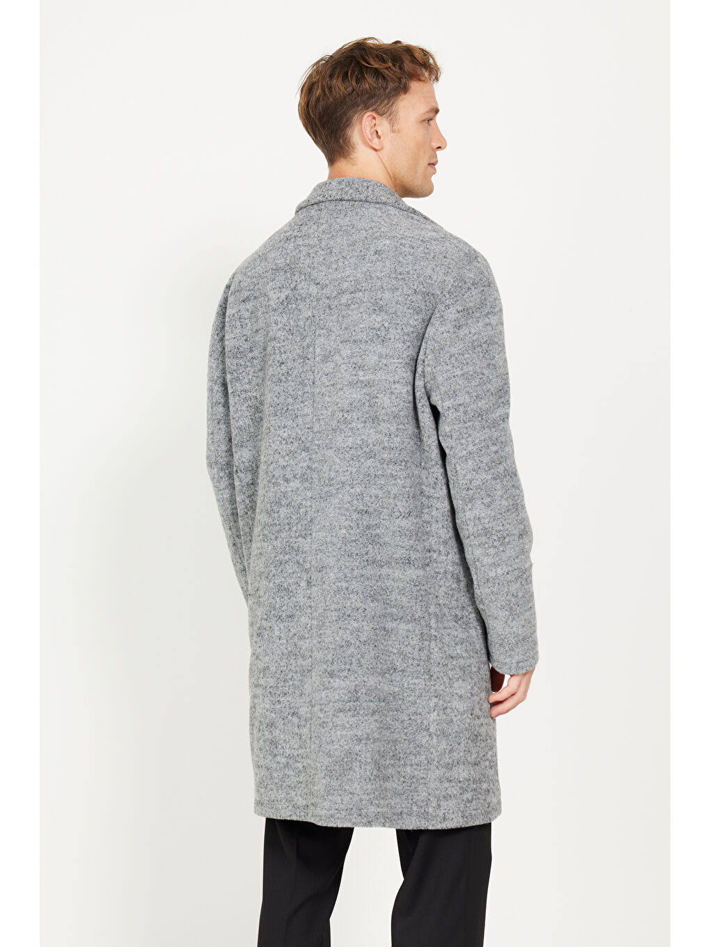 Erkek Gri Oversize Bol Kesim Mono Yaka Yünlü Kaşe Palto-7