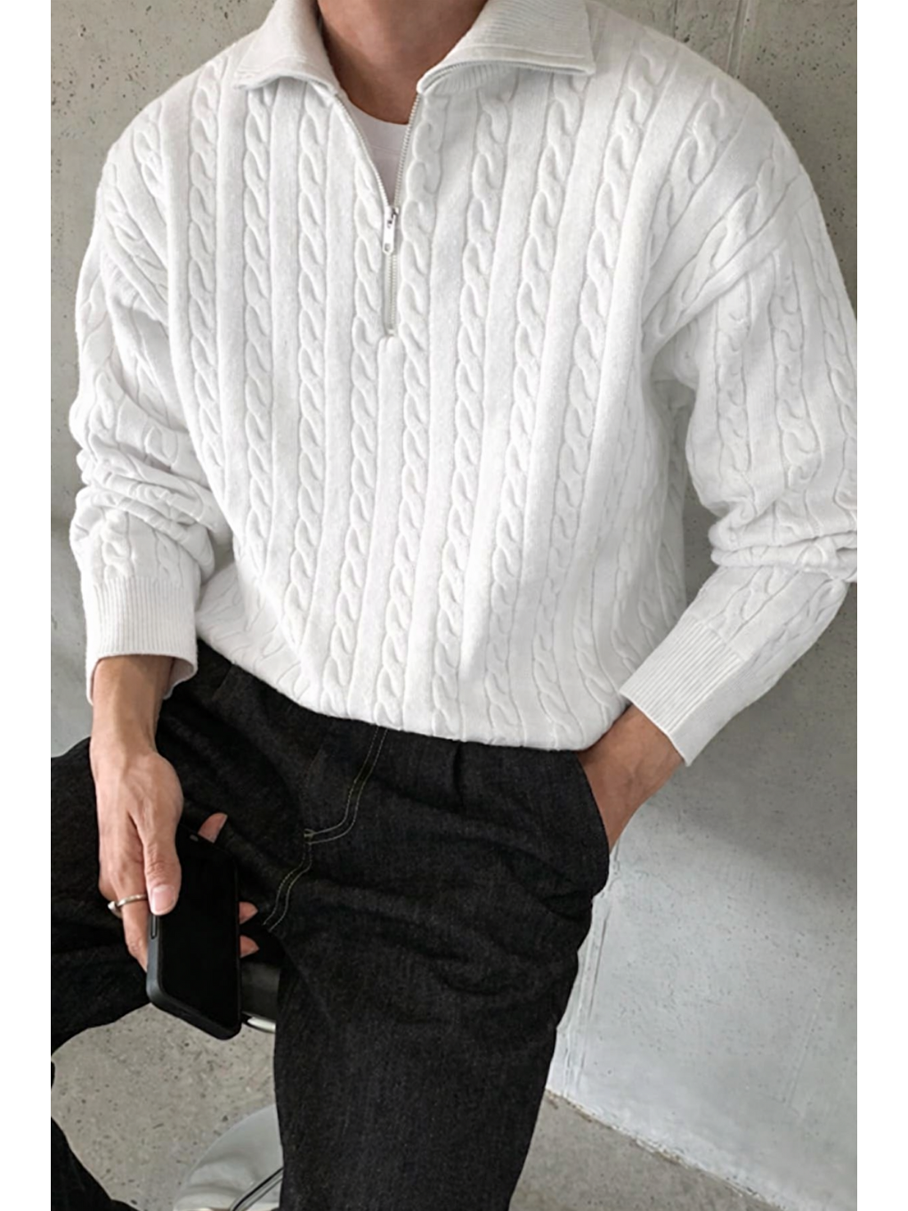 Erkek Beyaz Yarım Fermuarlı Saç Örgü Triko Kazak-1