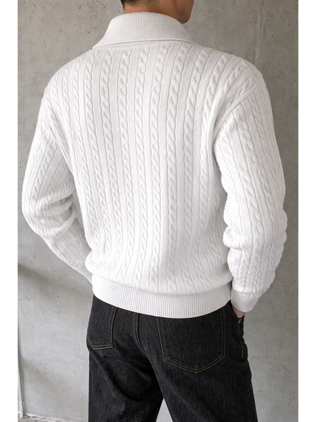 Erkek Beyaz Yarım Fermuarlı Saç Örgü Triko Kazak-2