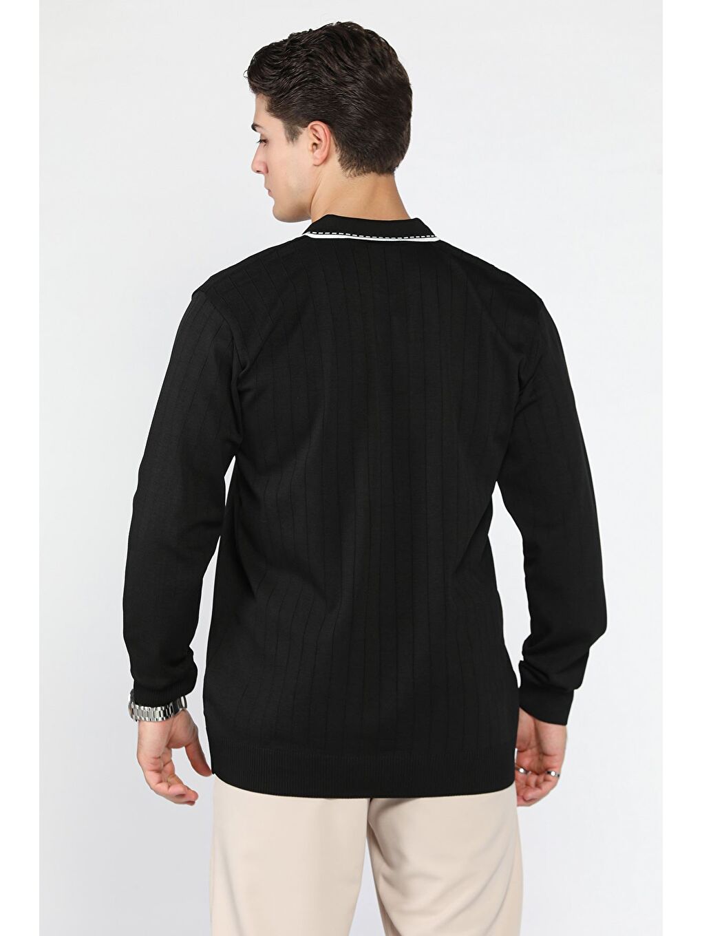 Siyah Erkek Polo Yaka Kendinden Çizgi Desenli Triko Kazak-2