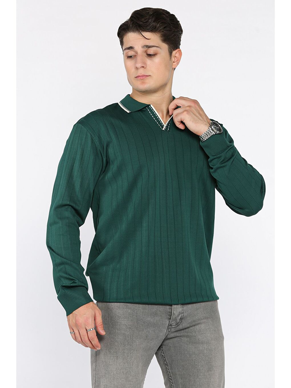 Yeşil Erkek Polo Yaka Kendinden Çizgi Desenli Triko Kazak-1