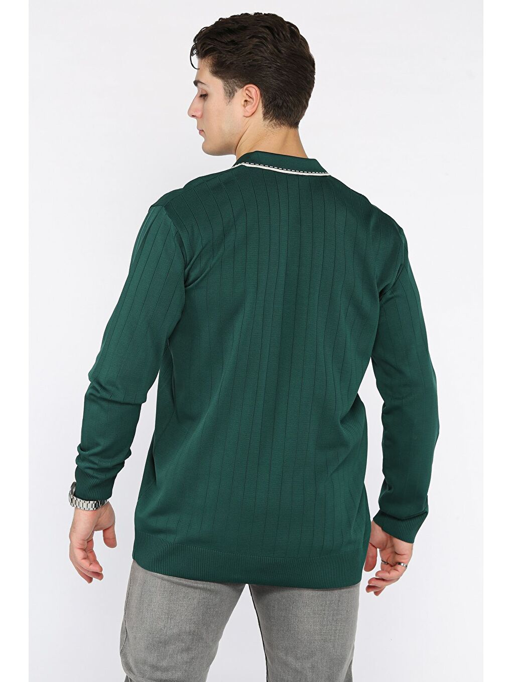 Yeşil Erkek Polo Yaka Kendinden Çizgi Desenli Triko Kazak-2