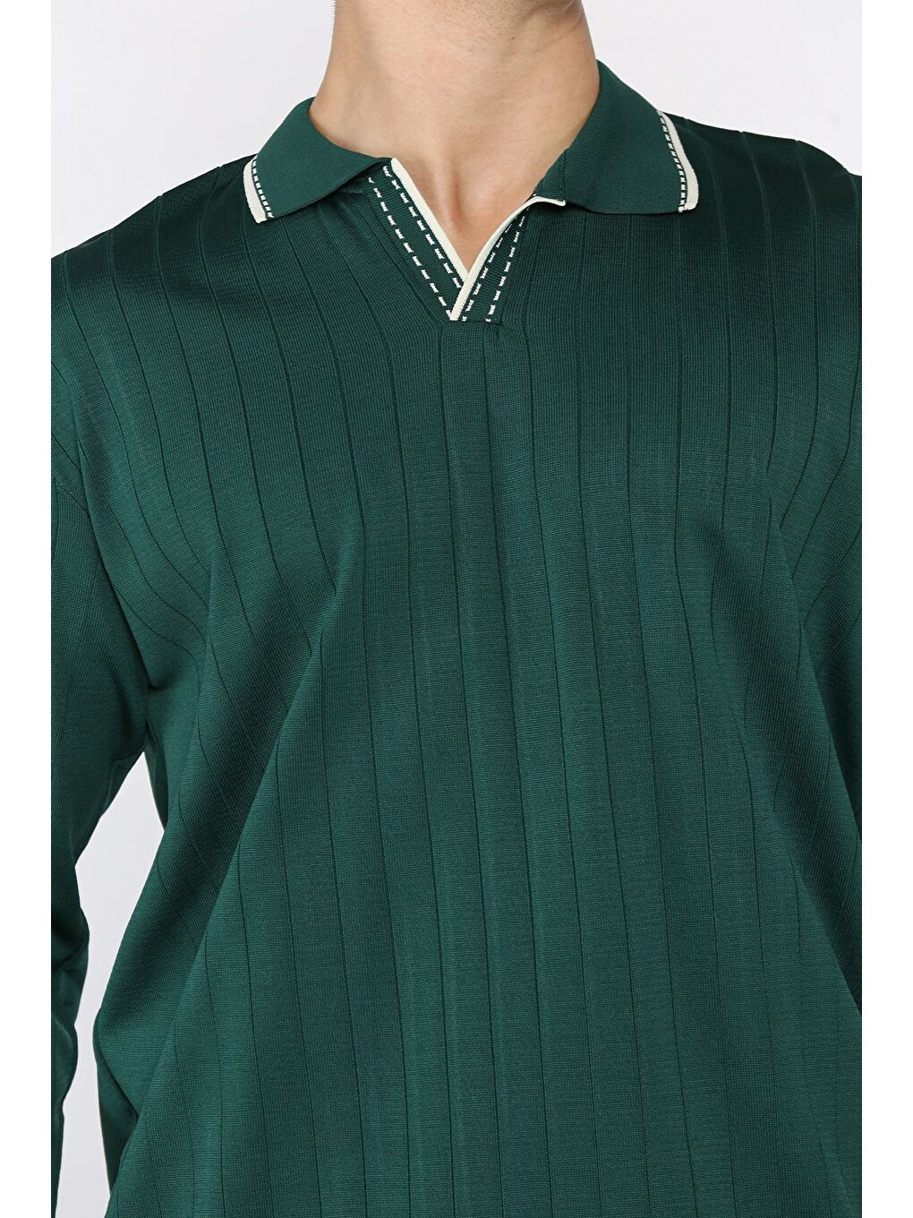 Yeşil Erkek Polo Yaka Kendinden Çizgi Desenli Triko Kazak-3