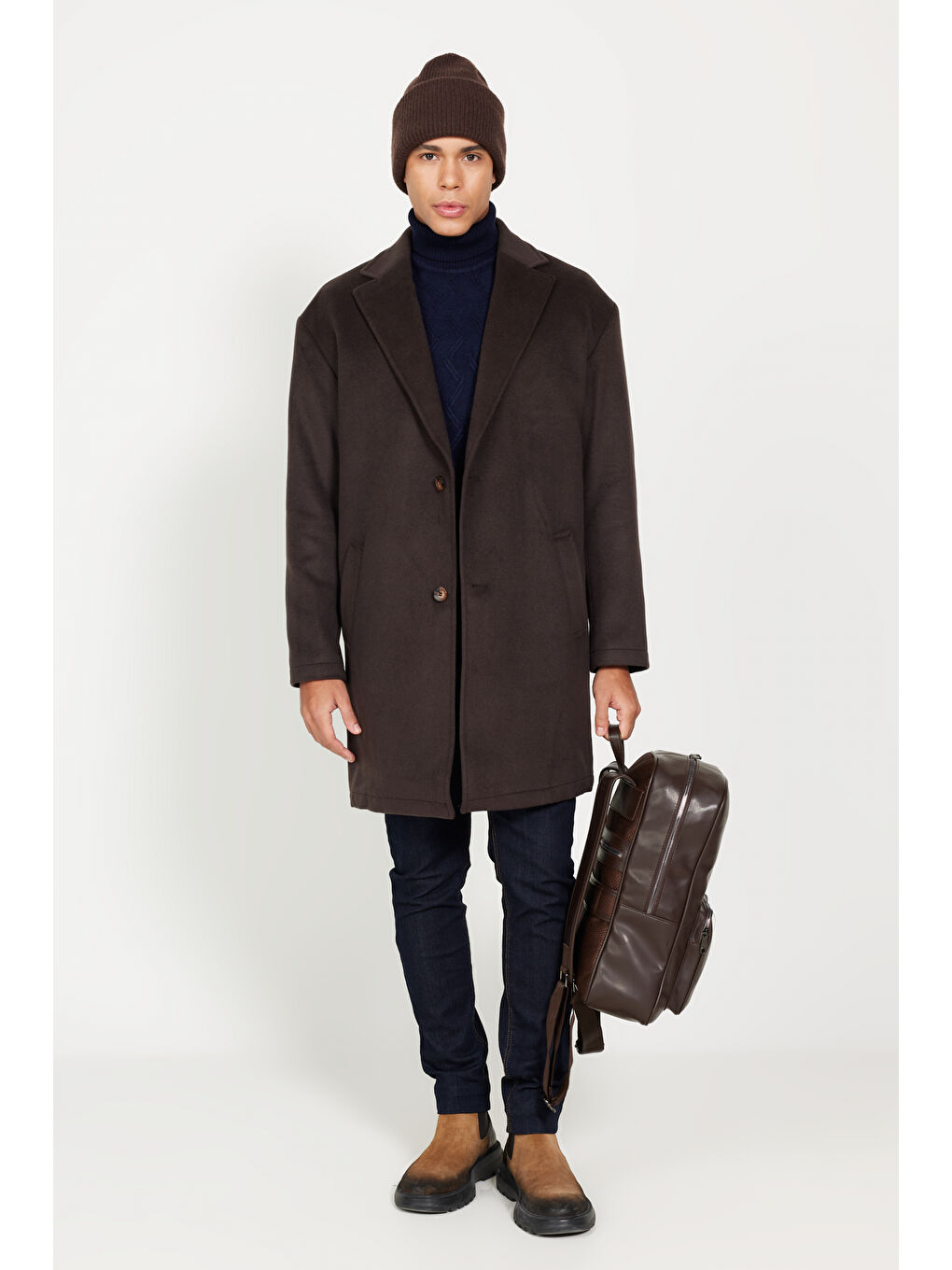 Erkek Kahverengi Oversize Fit Bol Kesim Mono Yaka Desenli Palto-1