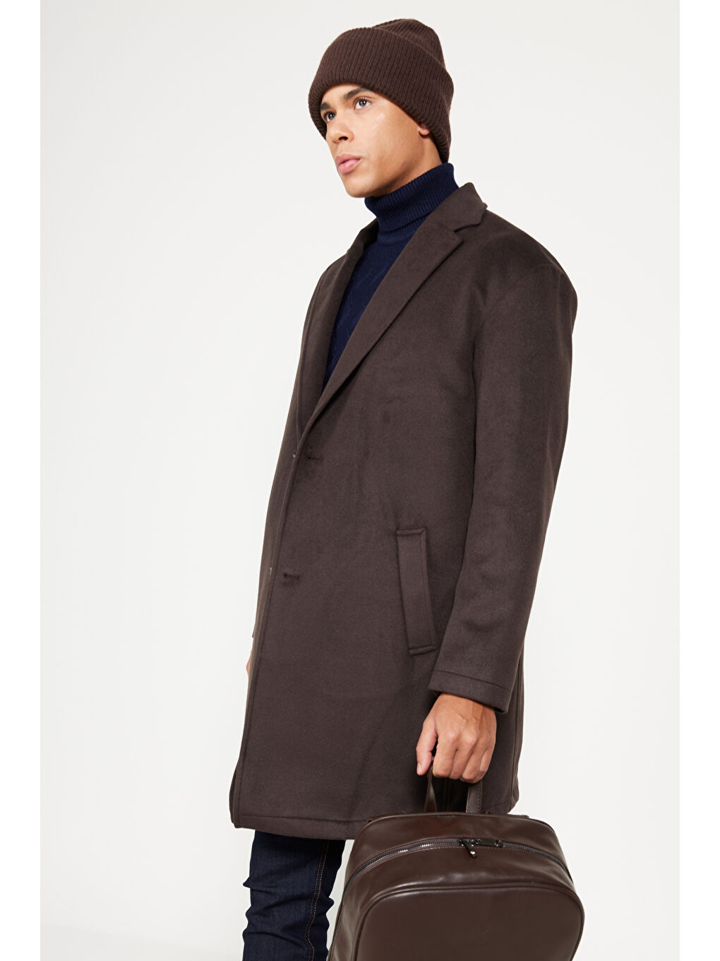 Erkek Kahverengi Oversize Fit Bol Kesim Mono Yaka Desenli Palto-2