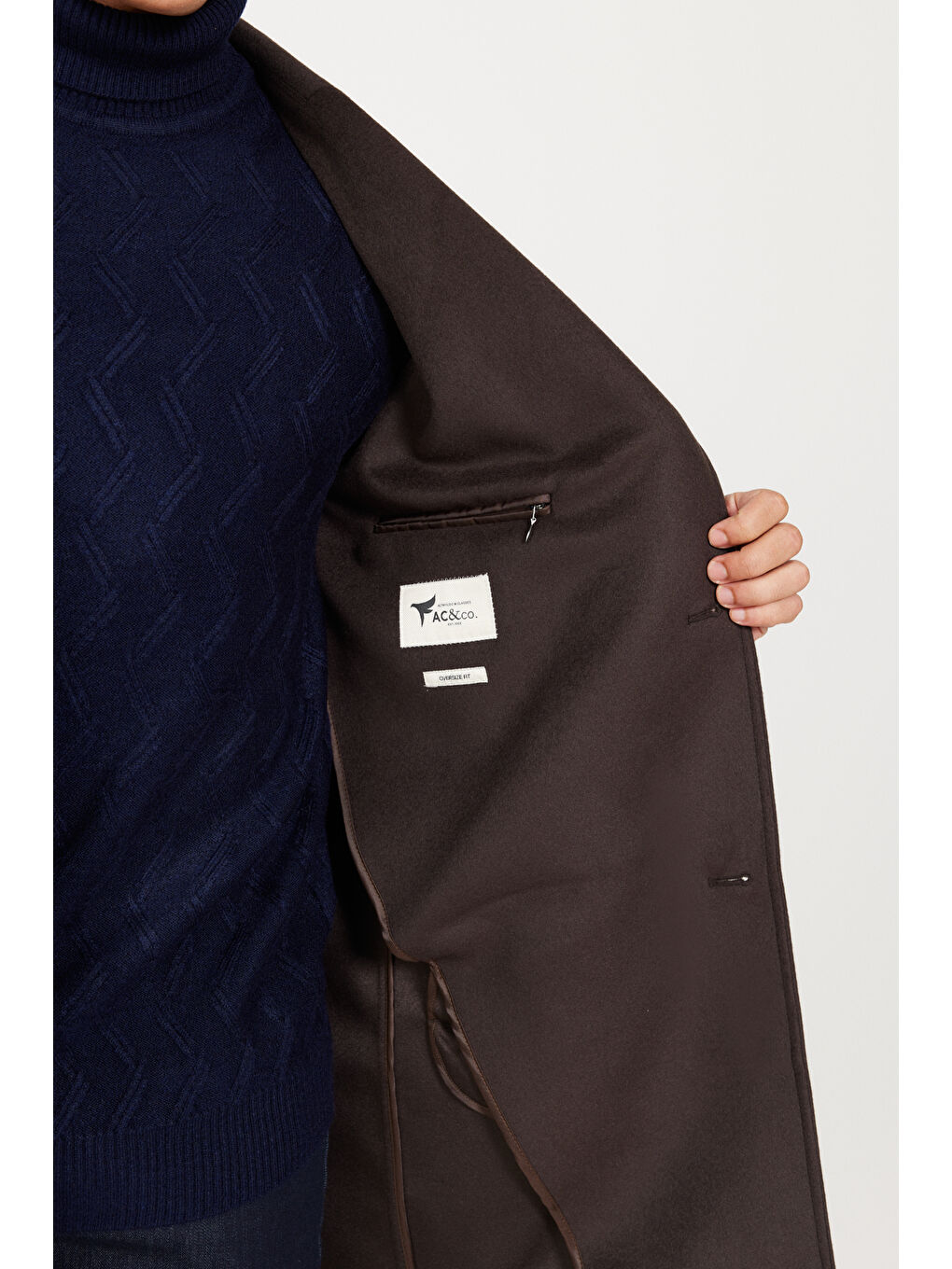 Erkek Kahverengi Oversize Fit Bol Kesim Mono Yaka Desenli Palto-3