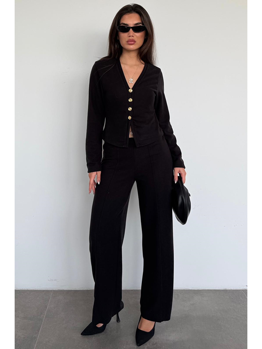 Siyah Düğmeli Yumuşak Dokunuşlu İkili Hırka Pantolon Takım Mg2651-3