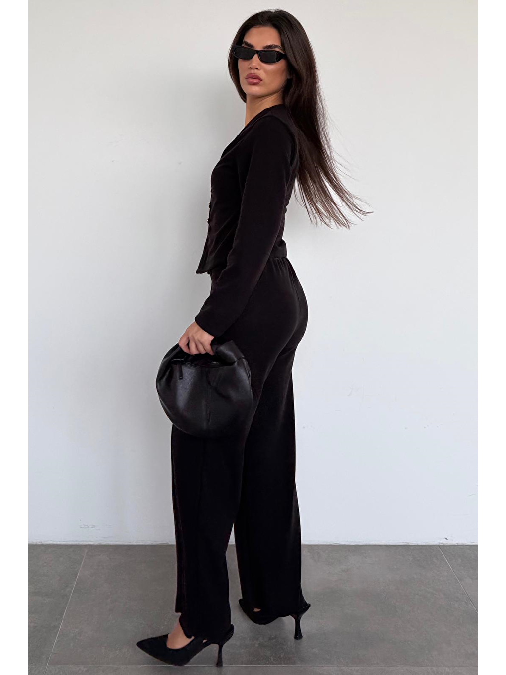 Siyah Düğmeli Yumuşak Dokunuşlu İkili Hırka Pantolon Takım Mg2651-4