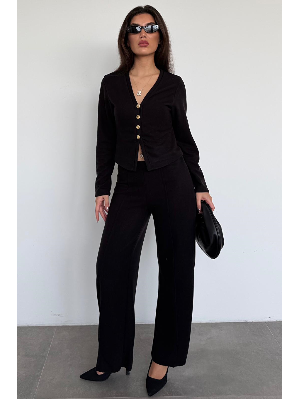 Siyah Düğmeli Yumuşak Dokunuşlu İkili Hırka Pantolon Takım Mg2651-5