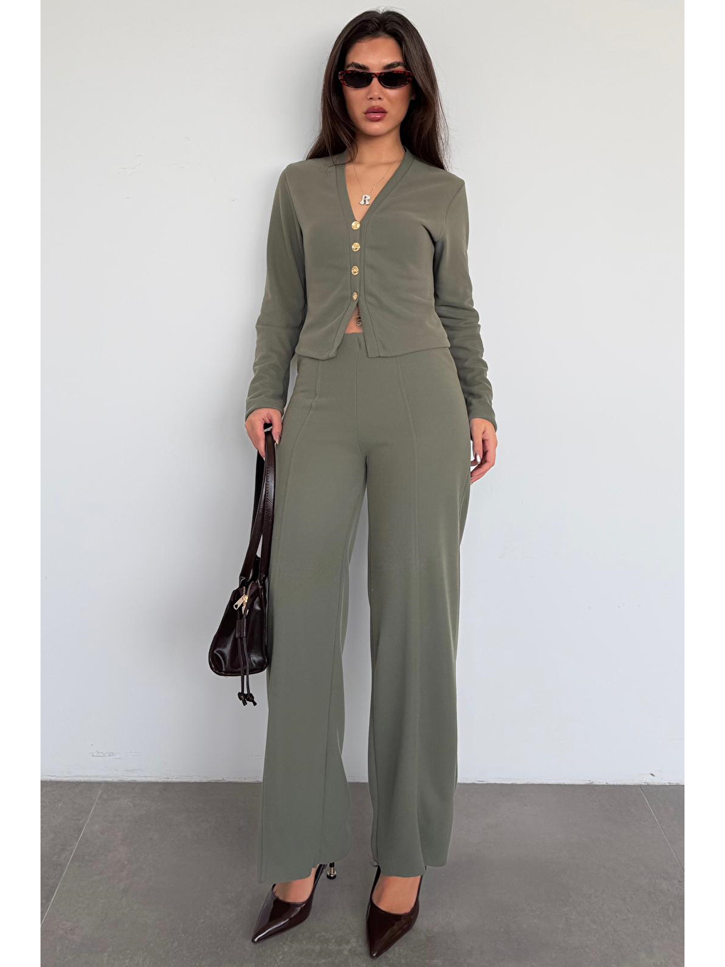 Haki Düğmeli Yumuşak Dokunuşlu İkili Hırka Pantolon Takım Mg2651-1
