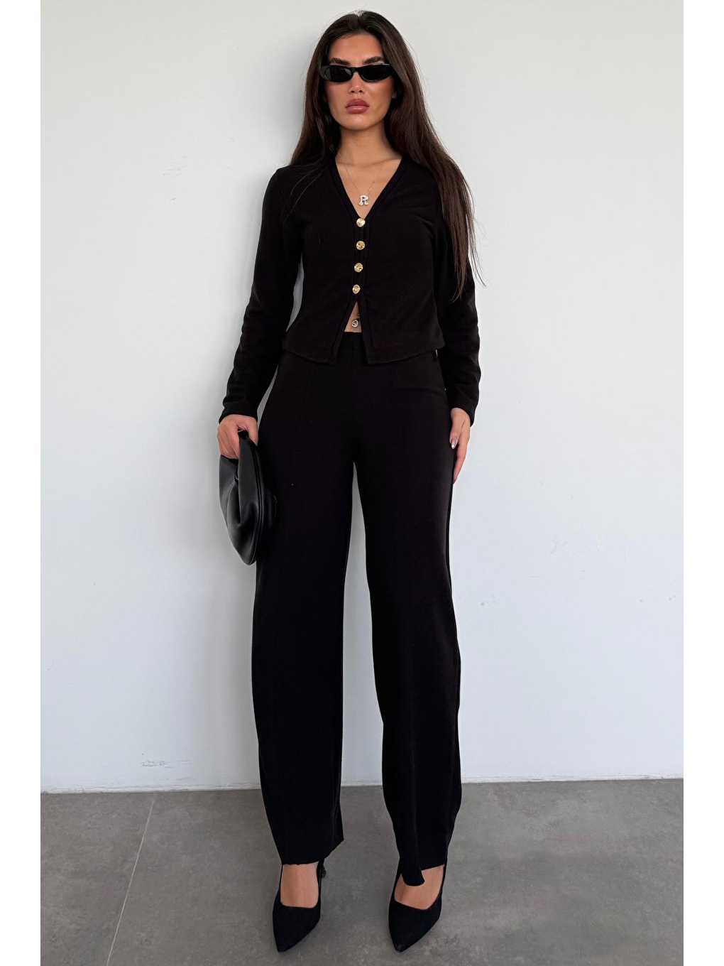 Siyah Düğmeli Yumuşak Dokunuşlu İkili Hırka Pantolon Takım Mg2651-6