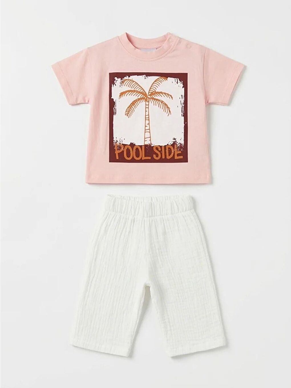 Karışık Unisex Bebek Pamuklu Pudra Pool Side Baskılı Tişört Müslin Kapri Takım