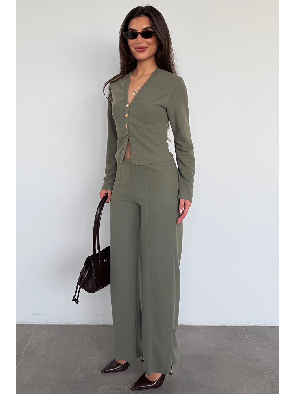 Haki Düğmeli Yumuşak Dokunuşlu İkili Hırka Pantolon Takım Mg2651-2